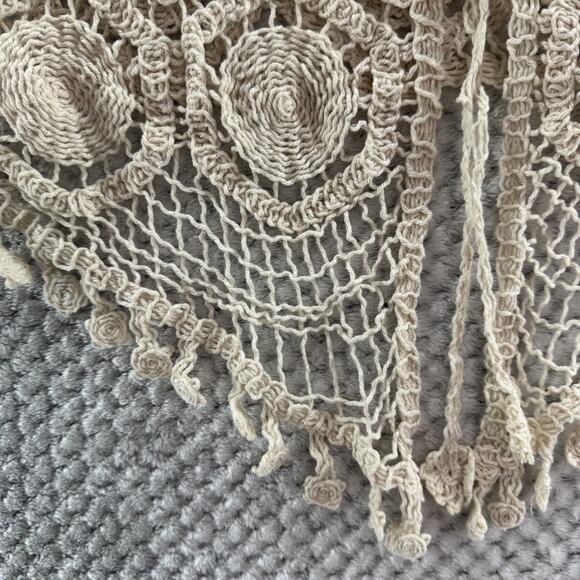 Y2K VTG Fever Cardigan L Beige Crochet V-Neck Tie Front Coquette Boho Festival - Picture 6 of 14